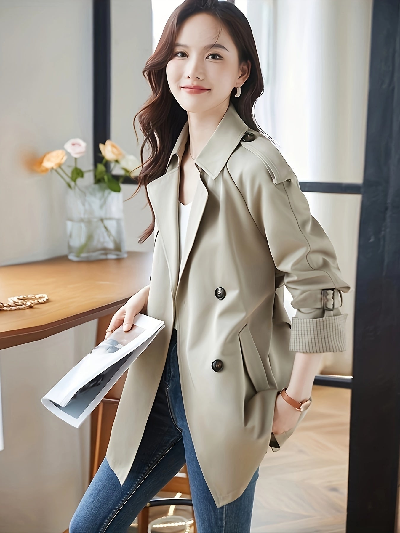 vlovelaw  Double-breasted Notched Collar Coat, Casual Long Sleeve Pocket Coat For Fall & Winter, Women's Clothing