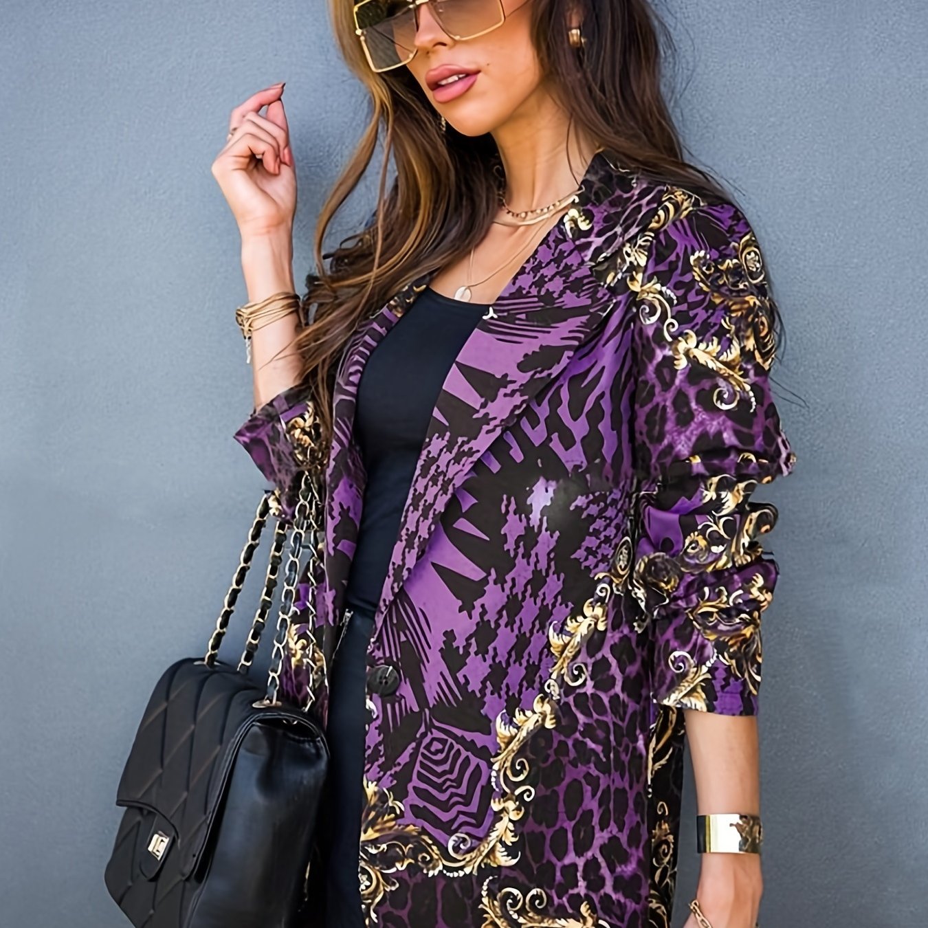 Full Printed Lapel Blazer, Casual Open Front Long Sleeve Outerwear, Women's Clothing