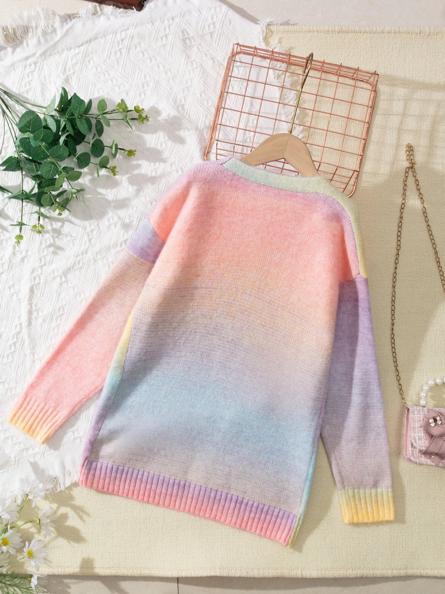 Vibrant Gradient Color Cardigan - Soft, Cozy Long Sleeve Open Front Knit Sweater with Pockets for Girls, Perfect for Everyday Casual Wear and Winter Outwear