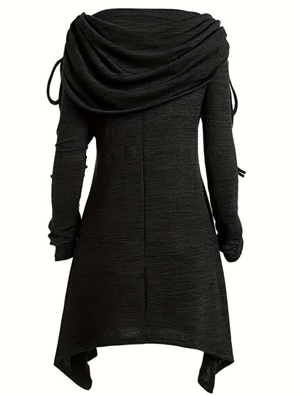 Solid Cowl Neck Dress, Elegant Long Sleeve Asymmetrical Dress, Women's Clothing