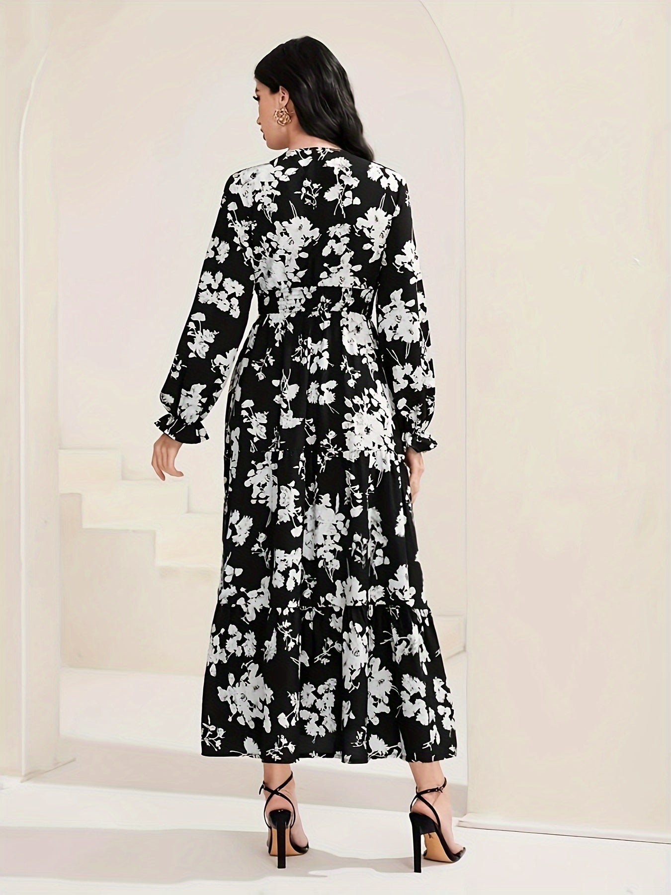 Floral Print Lantern Sleeve Dress, Casual V Neck Cinched Waist Dress For Spring & Fall, Women's Clothing