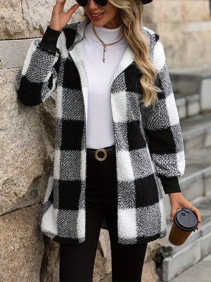 vlovelaw  Plaid Print Open Front Fuzzy Coat, Casual Long Sleeve Hooded Coat For Fall & Winter, Women's Clothing