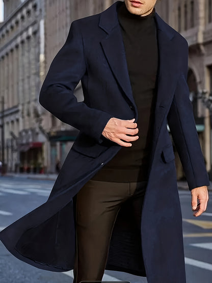 Plus Size Polyester Men's Trench Coat, Loose Fit Solid Color Overcoat with Lapel Collar and Button Details for Fall Season Woven Long Coat