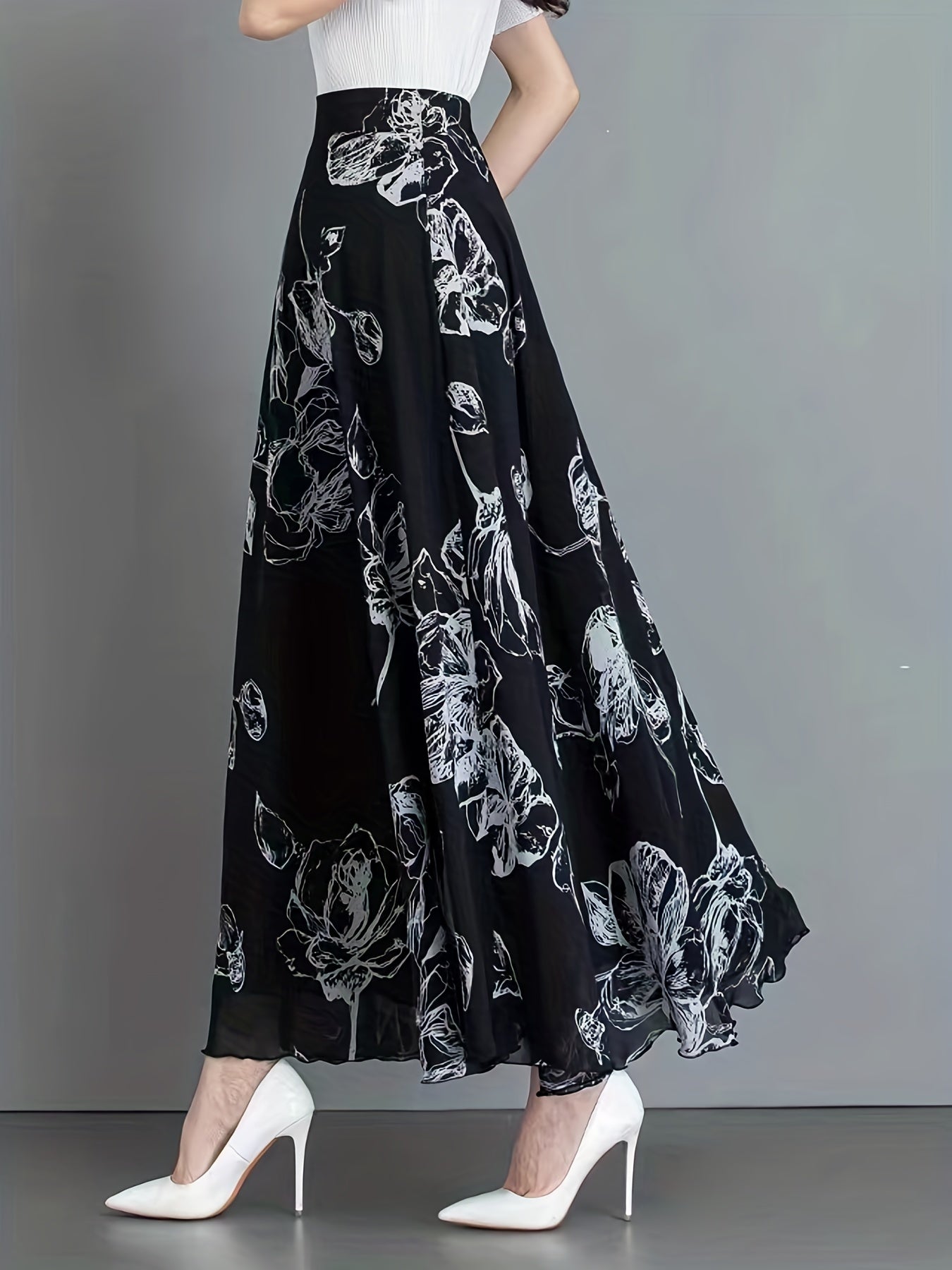 Floral Print High Waist Skirt, Elegant Swing Skirt For Spring & Fall, Women's Clothing