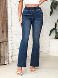 vlovelaw  Elastic Waist Washed Flare Jeans, High Stretch Casual Bell Bottom Jeans, Women's Denim Jeans & Clothing