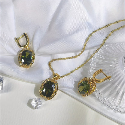 3pcs Elegant And Sparkling Geometric Cubic Zirconia Necklace And Earrings Set In Retro Olive Green Color - 18K Gold-Plated Jewelry Set For Valentine's Day, Weddings, And Girl's Gift