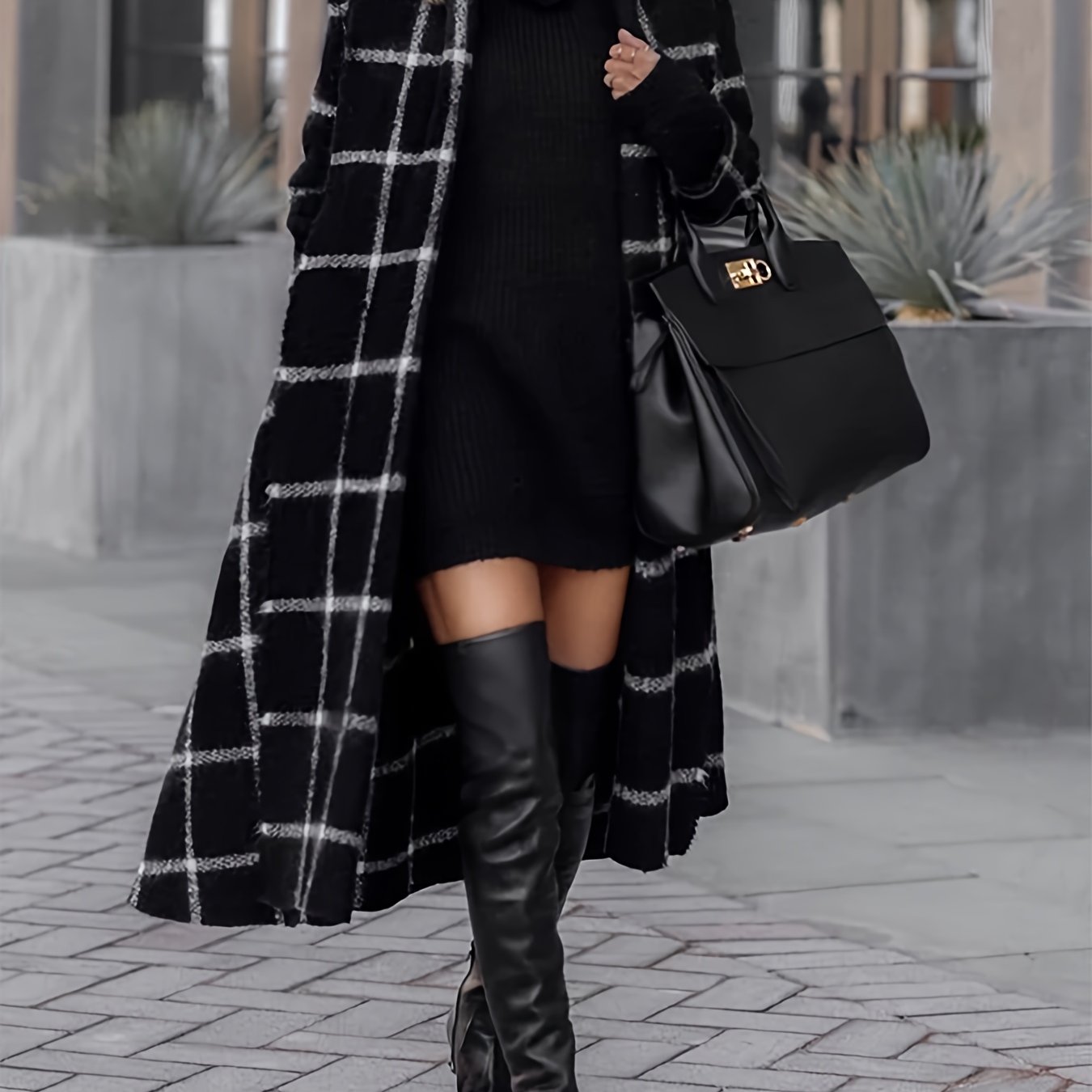 Plus Size Plaid Pattern Coat, Casual Long Sleeve Open Front Coat For Fall, Women's Plus Size Clothing