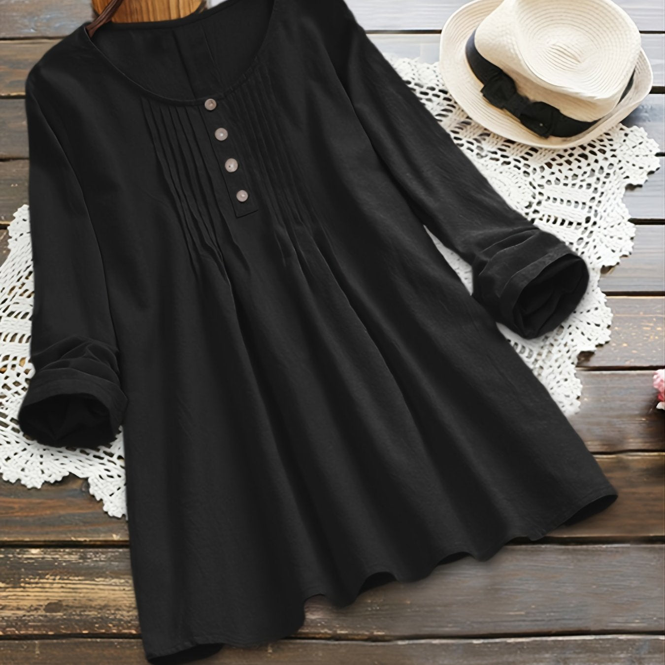 Plus Size Button Decoration Round Neck Oversized Blouse, Women's Plus Ruched Front Women Tops