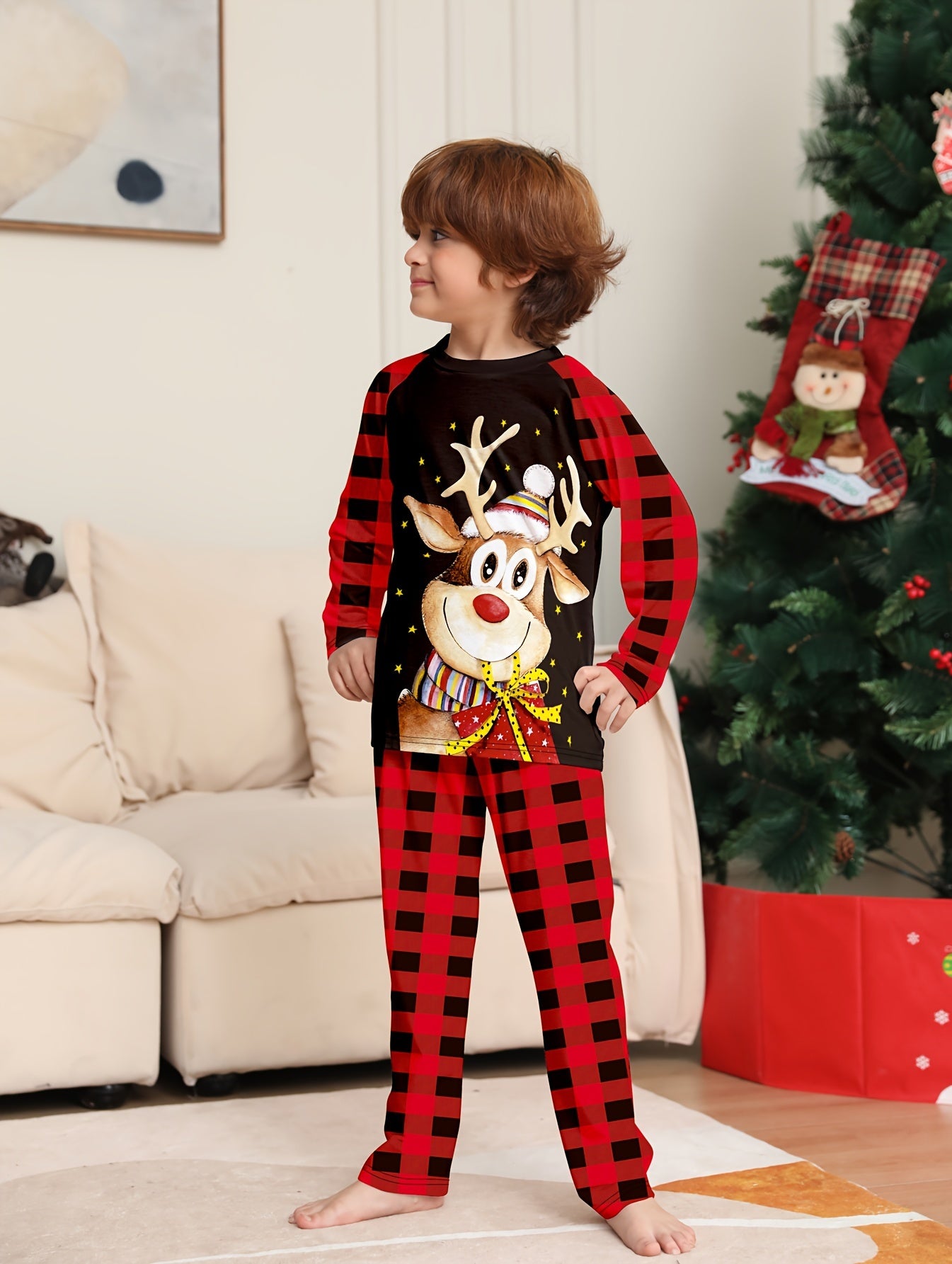 Youngsters' Cozy Christmas Pajama Set - Flame-Resistant, Cartoon Reindeer & Plaid Print, Long Sleeve Top and Pants for Boys & Girls