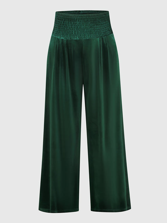 vlovelaw  Plus Size Casual Pants, Women's Plus Solid Velvet Shirred Waist High Rise Wide Leg Trousers