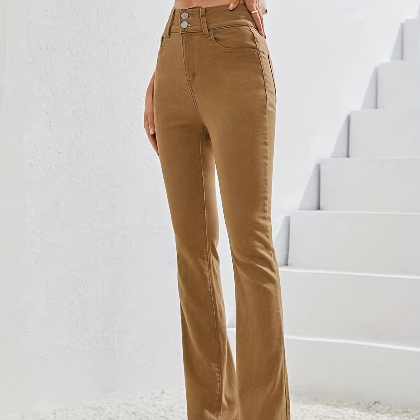 Plain Double Button Wide Leg Jeans, High Rise Mid Strech Street Style Flare Denim Pants, Women's Denim Jeans & Clothing