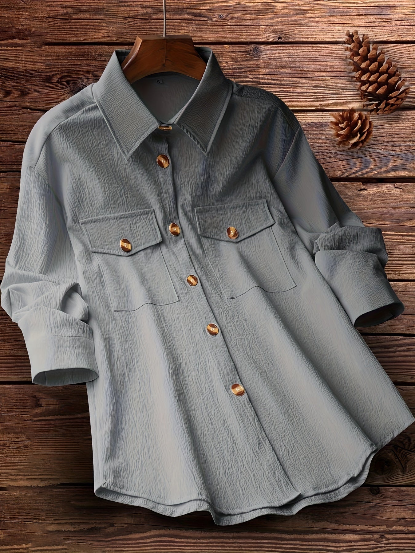 Solid Polo Collar Button Shirt, Casual Long Sleeve Shirt For Spring & Fall, Women's Clothing