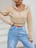 Solid Half Zip Crop Hoodie, Casual Long Sleeve Drawstring Hoodies Sweatshirt, Women's Clothing