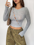 vlovelaw  Ribbed Slim T-Shirt, Casual Crew Neck Long Sleeve Top, Women's Clothing