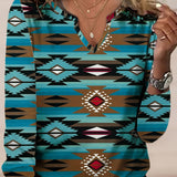 Aztec Print Notched Neck T-shirt, Boho Long Sleeve Ethnic T-shirt, Women's Clothing