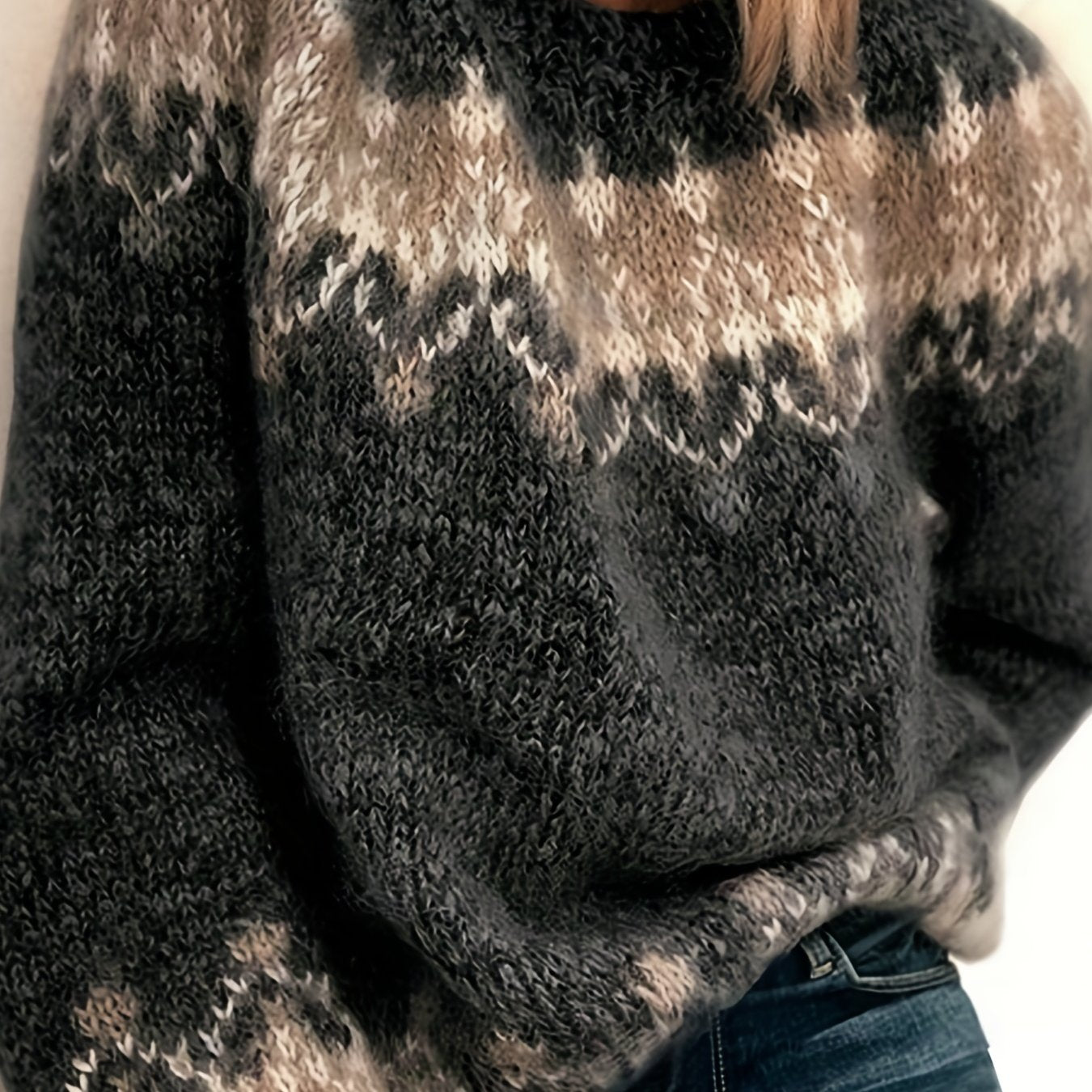 Color Block Mohair Chunky Knit Pullover Sweater, Casual Long Sleeve Raglan Shoulder Sweater For Fall  & Winter, Women's Clothing