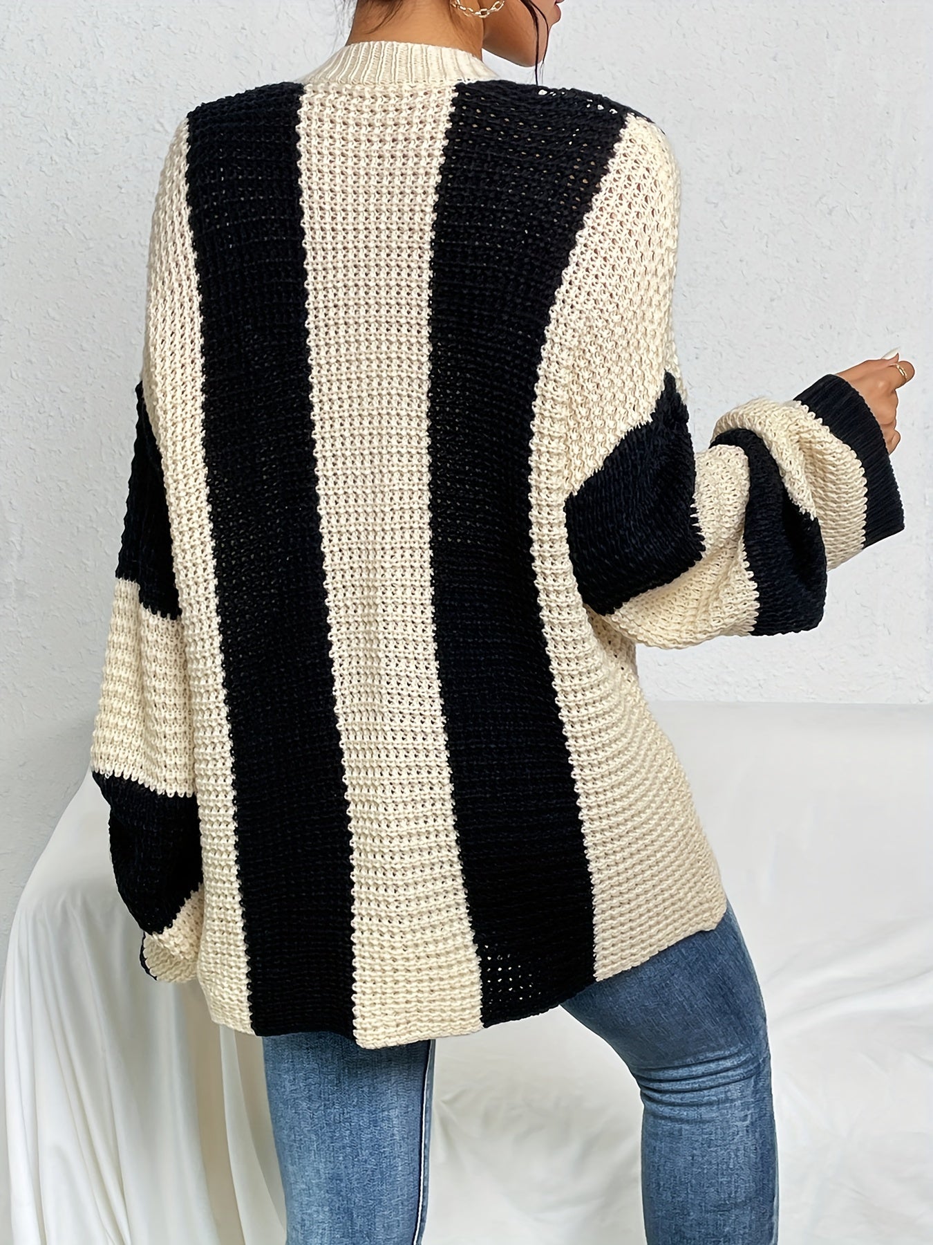 vlovelaw Striped Pattern Button Front Pullover Sweater, Casual Bell Sleeve Sweater For Spring & Fall, Women's Clothing