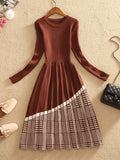 vlovelaw  Colorblock Pattern Pleated Hem Knitted Dress, Casual Long Sleeve Dress For Winter & Fall, Women's Clothing