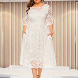 Plus Size Elegant Midi Lace Dress with 3/4 Sleeves - Crew Neck, Trapeze Hem, Pocket Details, Fitted Silhouette - Perfect for Wedding, Evening, Occasion, and Engagement Ceremony