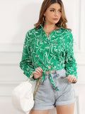 Figure Print Tie Front Crop Blouse, Vacation Style Long Sleeve Blouse, Women's Clothing