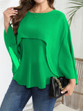 vlovelaw  Plus Size Elegant Blouse, Women's Plus Solid Layered Mesh Batwing Sleeve Round Neck Shirt Top