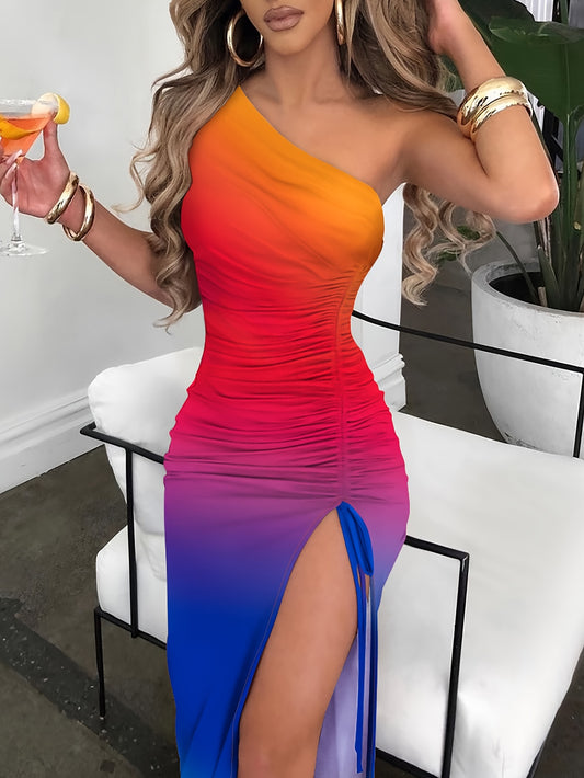 vlovelaw  Gradient Drawstring Dress, Sexy One Shoulder Bodycon Dress, Women's Clothing