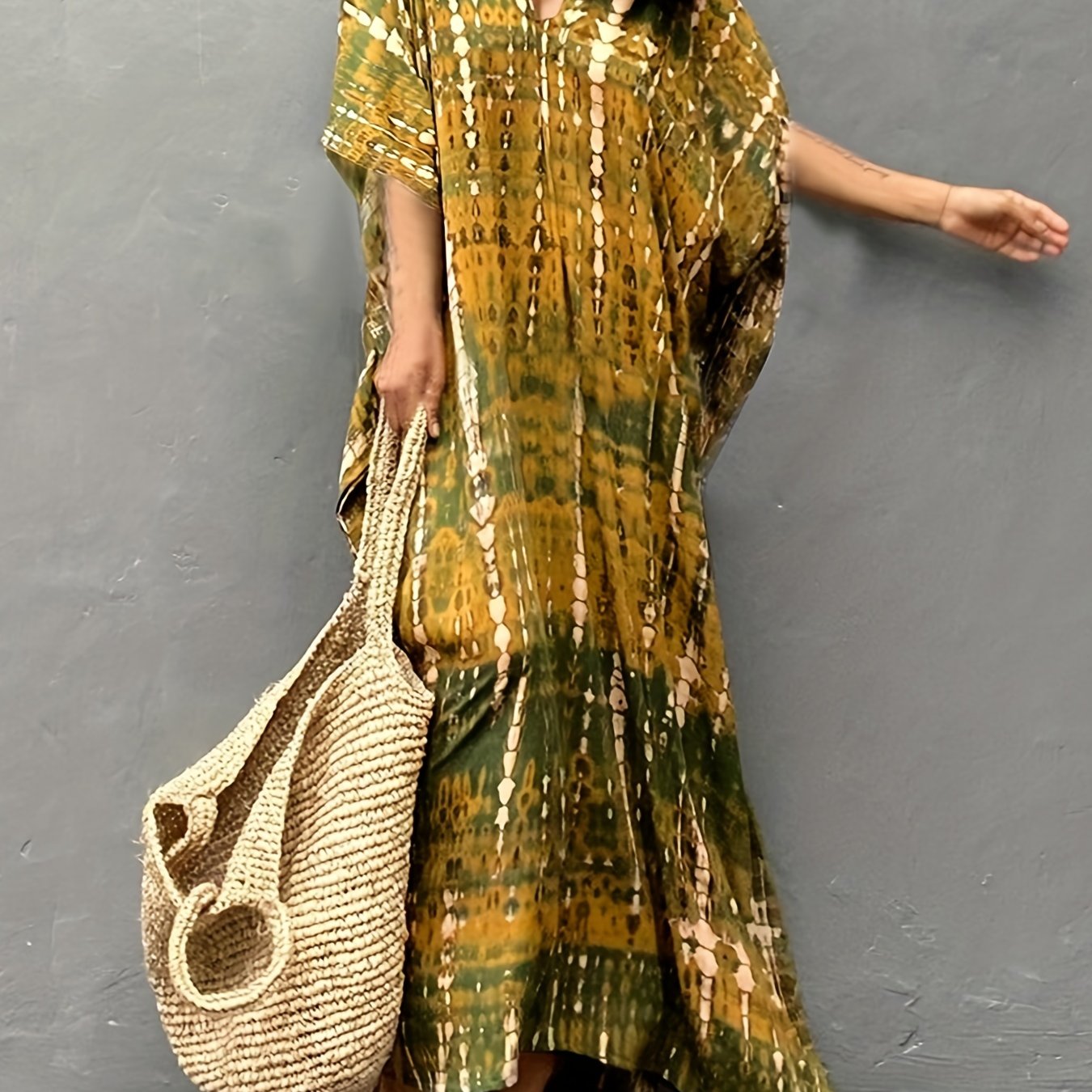 vlovelaw  V Neck Oversized Kaftan Dress, Bohemian Loose Beach Vacation Dress, Women's Clothing