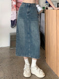 vlovelaw Split Back High Waist Denim Midi Skirt, Fashion Non-stretch A-line Elegant Denim Skirt, Women's Denim Clothing