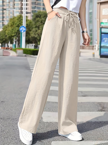 vlovelaw  Minimalist Solid Drawstring Pants, Casual Long Length Elastic Waist Wide Leg Pants, Women's Clothing