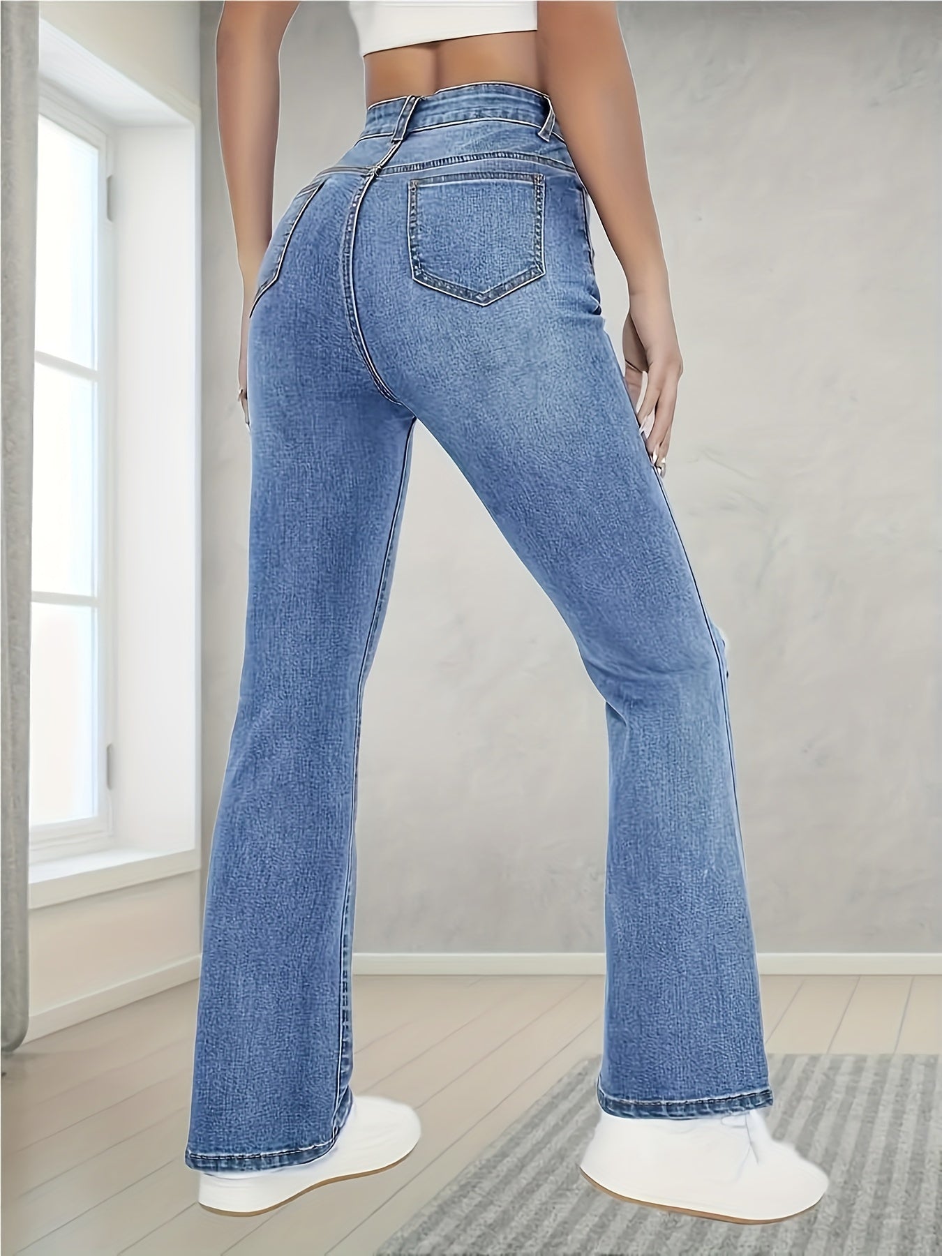 vlovelaw  High Stretch Washed Straight Jeans, Slant Pockets High Waist Denim Pants, Women's Denim Jeans & Clothing