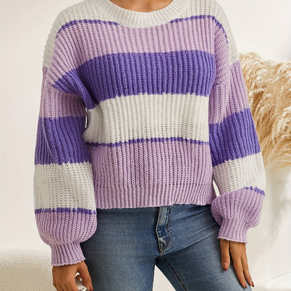 vlovelaw  Striped Print Knit Sweater, Casual Crew Neck Long Sleeve Pullover Sweater, Women's Clothing