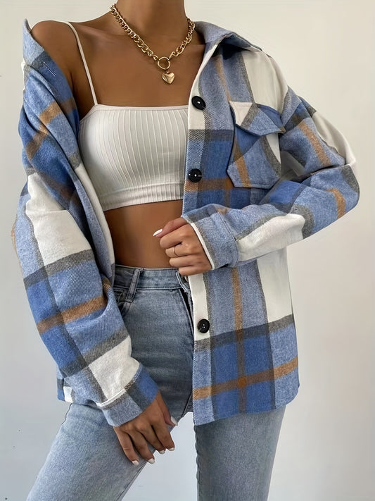 vlovelaw  Plaid Print Shacket Jacket, Casual Button Front Long Sleeve Outerwear, Women's Clothing