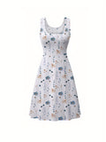 vlovelaw  Plus Size Elegant Dress, Women's Plus Floral Print Round Neck Medium Stretch Tank Dress