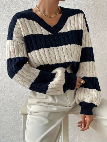 vlovelaw Color Block Cable Knit Sweater, Casual V Neck Long Sleeve Sweater, Women's Clothing