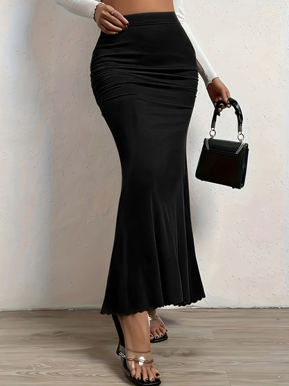 Plus Size Sexy Skirt, Women's Plus Solid Side Ruched Elastic High Rise Medium Stretch Maxi Mermaid Skirt