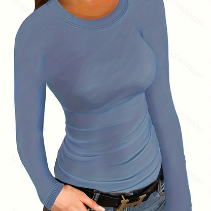 vlovelaw Solid Ribbed Long Sleeve Skinny T-shirt, Versatile Crew Neck Slim Top, Women's Clothing