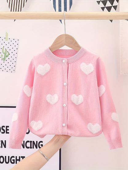 Adorable Girls Heart Pattern Knit Cardigan - Soft Long Sleeve Crew Neck Sweater Jacket with Cute Button Detail - Perfectly Short for a Chic, Elegant Style