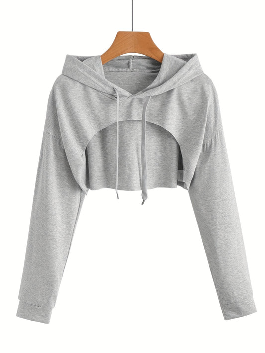 vlovelaw  Solid Color Hooded Sports Cut Out Crop Sweatshirt, Fashion Long Sleeve Drawstring Crop Hoodie, Women's Tops