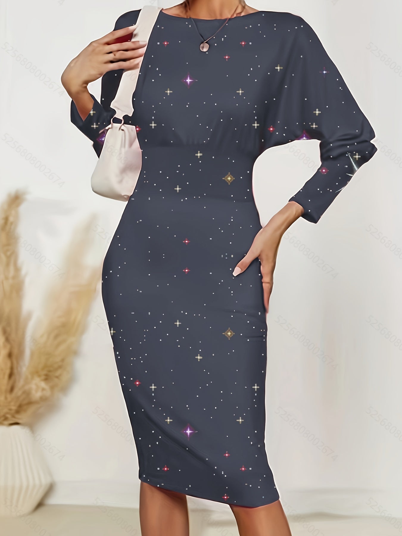 Star Print Batwing Sleeve Slim Dress, Casual Crew Neck Pencil Dress, Women's Clothing