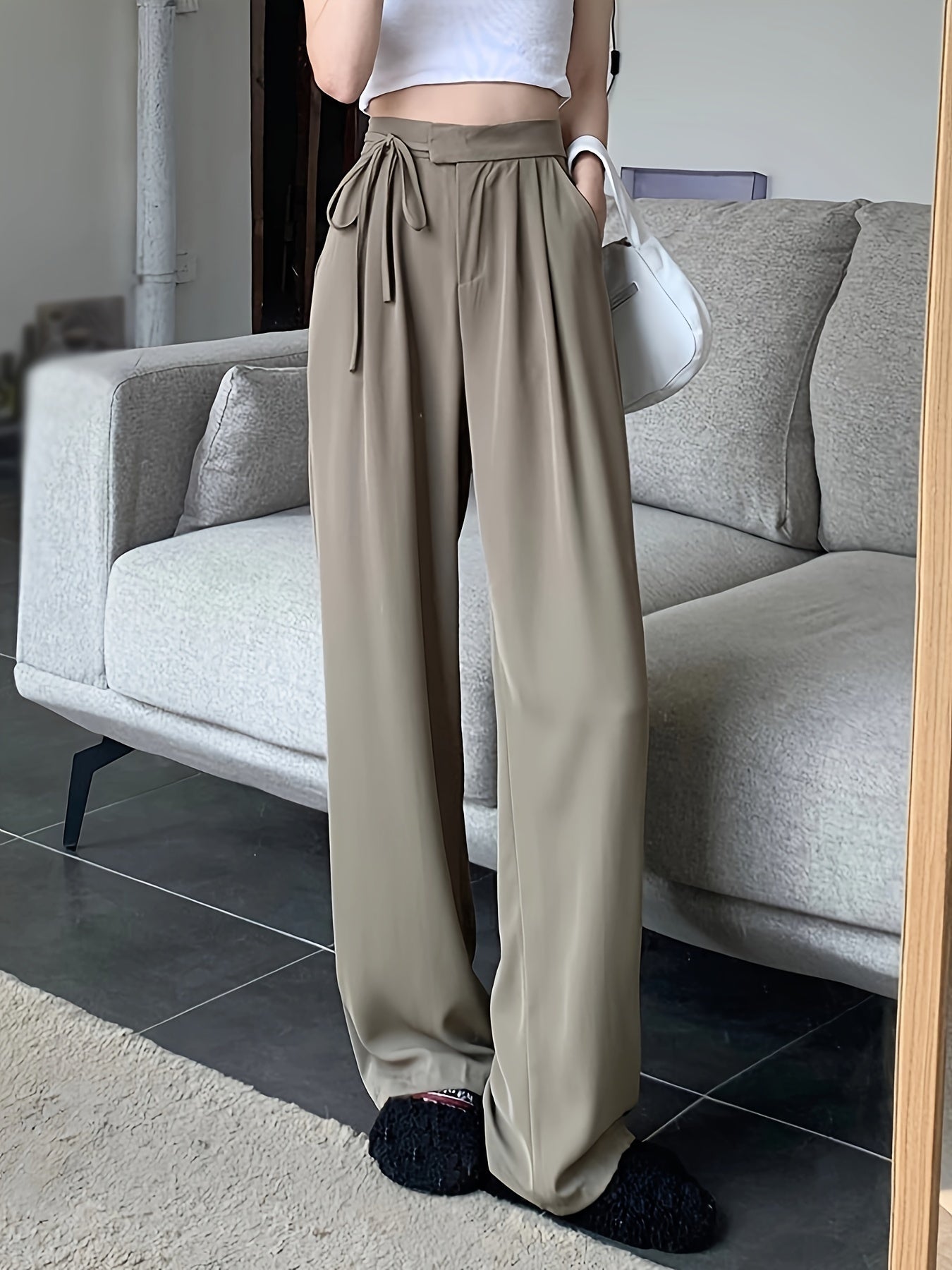 vlovelaw  Solid Draped Straight Leg Pants, Casual Tied High Waist Loose Pants, Women's Clothing