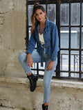 Blue Flap Pockets Denim Jackets, Long Sleeves With Waistband Lapel Denim Coats, Women's Denim Clothing