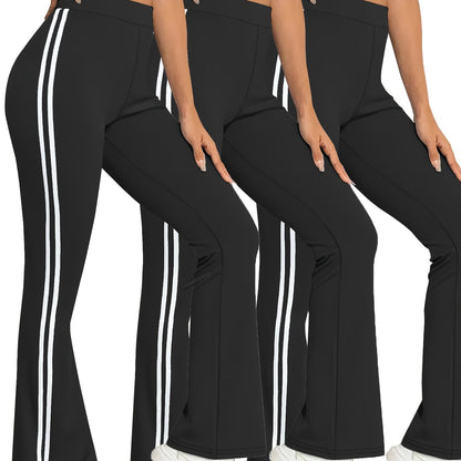 vlovelaw  3 Pcs Women's Sports Pants Set, Plus Size Contrast Striped High Waist Stretchy Flare Leg Fitness Pants 3 Piece Set