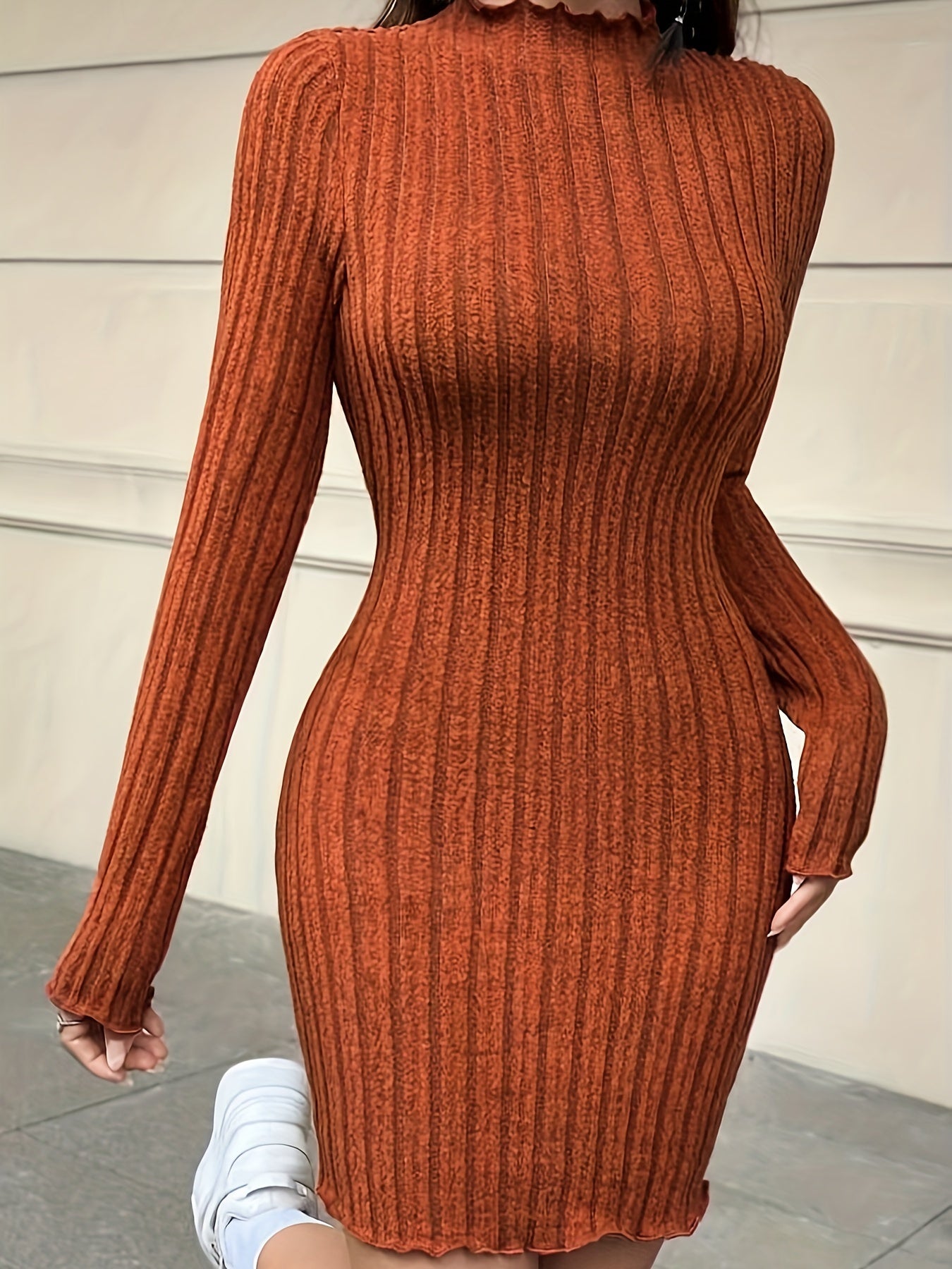 vlovelaw Solid Ribbed Lettuce Trim Dress, Elegant Long Sleeve Bodycon Dress, Women's Clothing