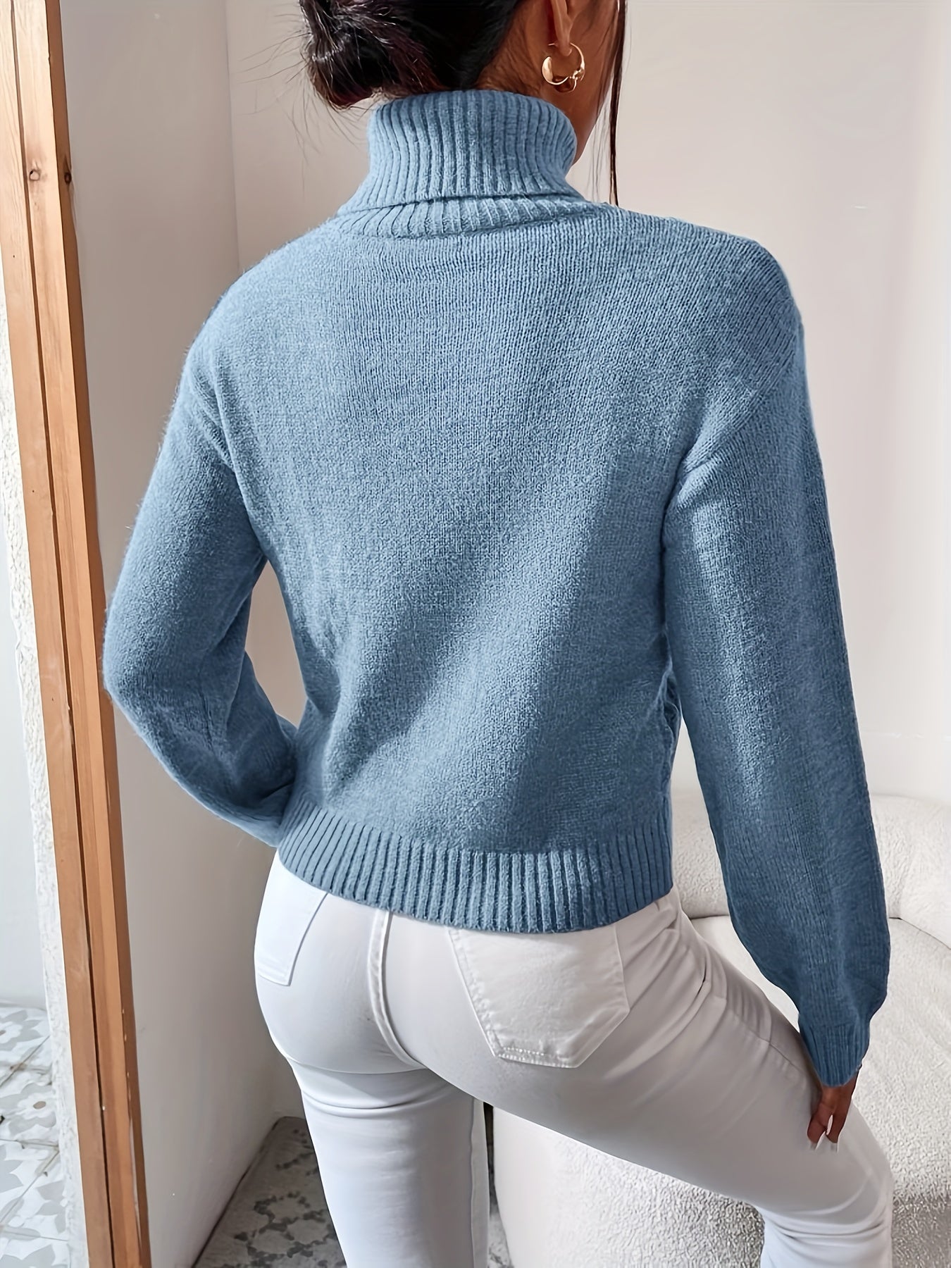 vlovelaw Solid Turtle Neck Cable Knit Sweater, Elegant Long Sleeve Slim Sweater For Fall & Winter, Women's Clothing