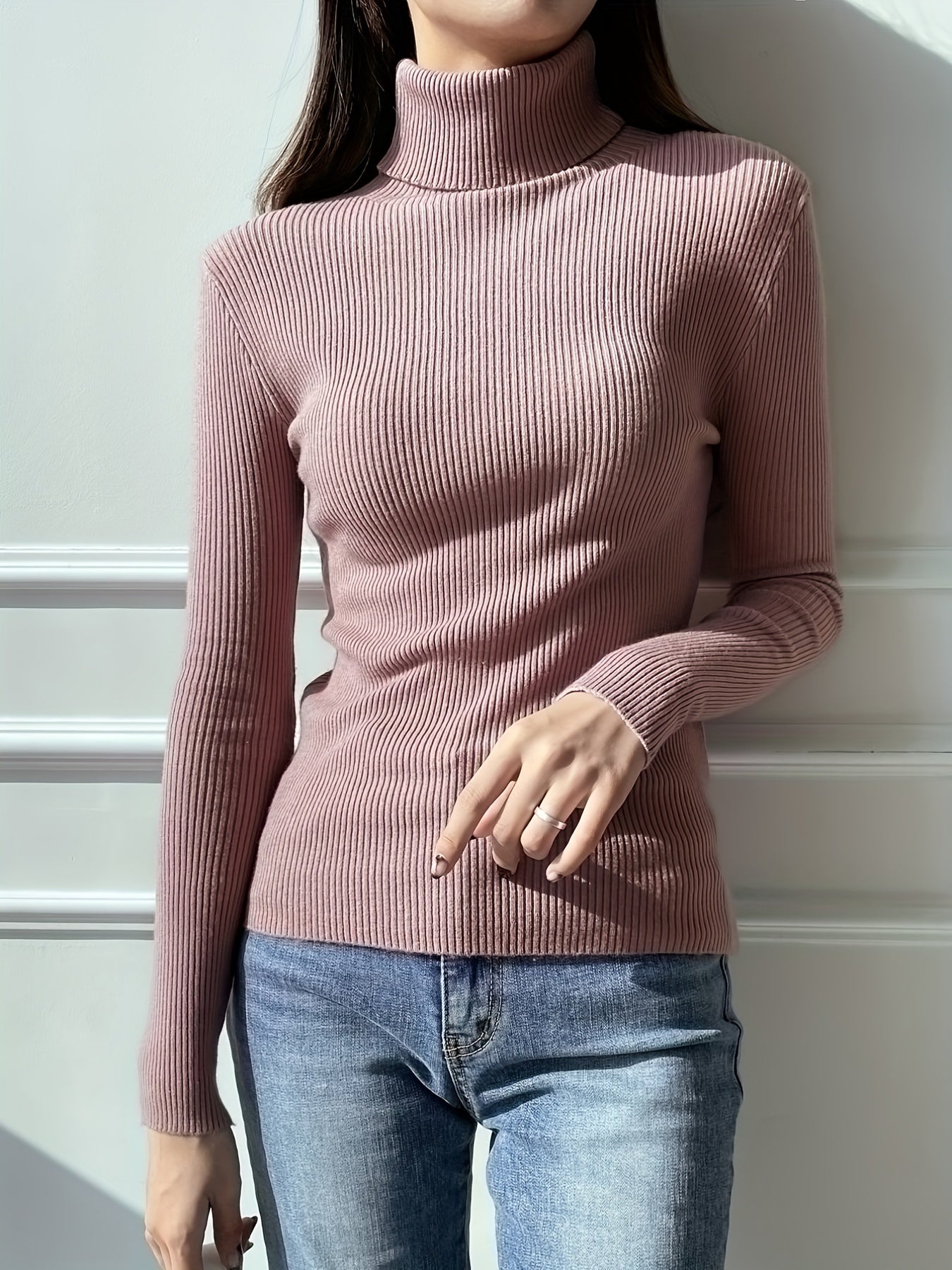 vlovelaw  Women's Sweater Turtleneck Solid Ribbed Long Sleeve Slim Pullover Knit Tops