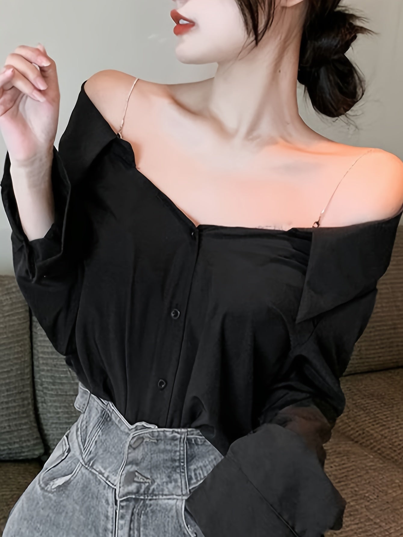 vlovelaw  Solid Off Shoulder Button Front Blouse, Casual Long Sleeve Blouse For Spring & Fall, Women's Clothing