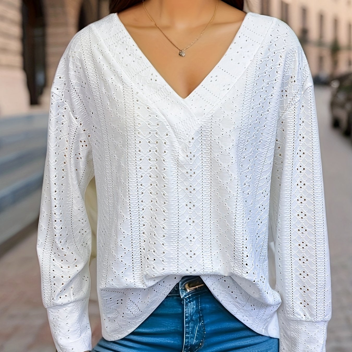 Eyelet Solid Blouse, Casual V Neck Long Sleeve Blouse, Women's Clothing