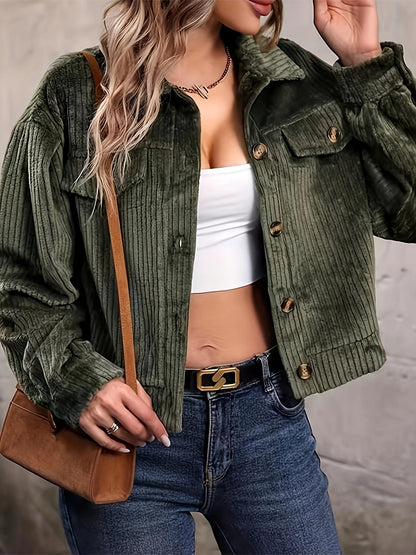 Solid Corduroy Button Front Jacket, Casual Long Sleeve Outwear For Spring & Fall, Women's Clothing