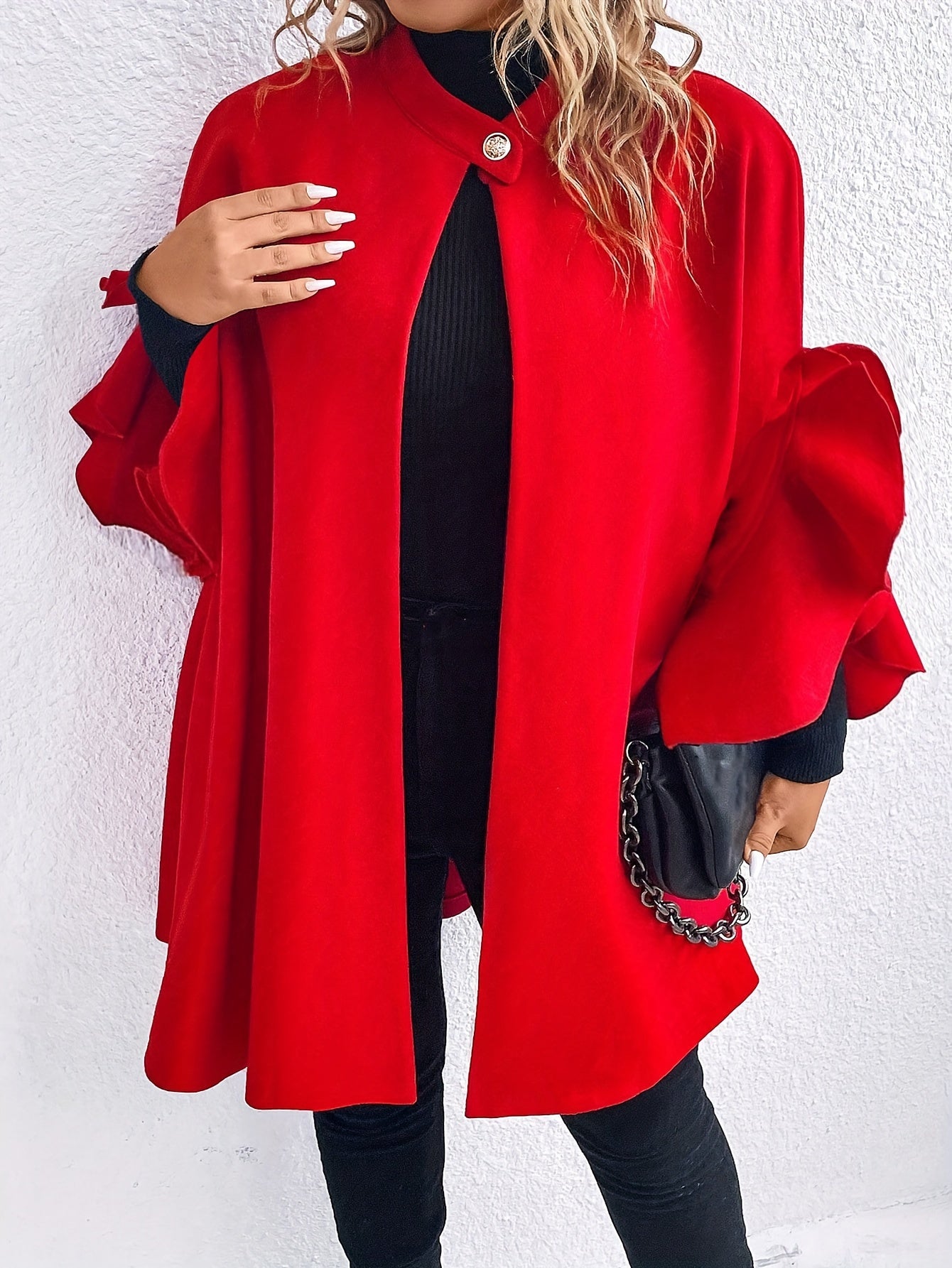 vlovelaw Plus Size Button Front Coat, Casual Ruffle Sleeve Coat For Fall & Winter, Women's Plus Size Clothing