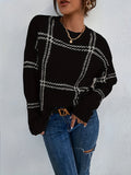 vlovelaw  Plaid Crew Neck Pullover Sweater, Casual Long Sleeve Drop Shoulder Sweater For Fall & Winter, Women's Clothing